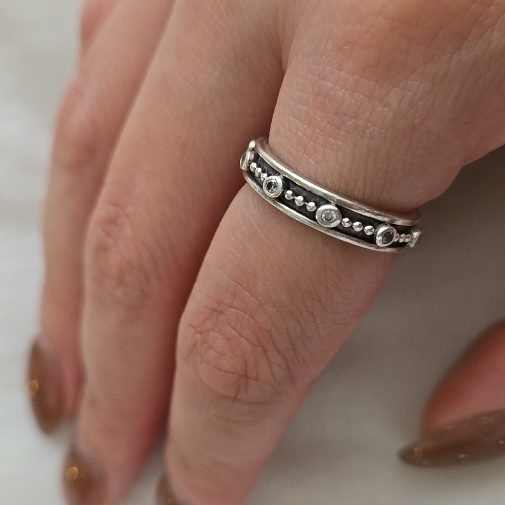 PANDORA Genuine Sterling Silver Ring Band With White Crystals Jewelry - Picture 3 of 5